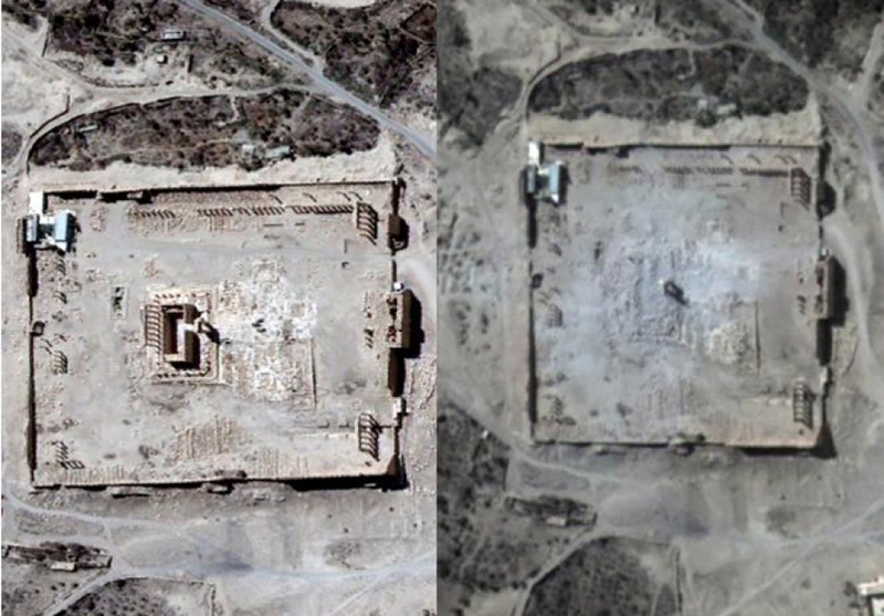 Satellite photo taken last summer shows the extent of the damage done to the Temple of Bel. The image at left was taken in 2010. Image: United Nations/EPA